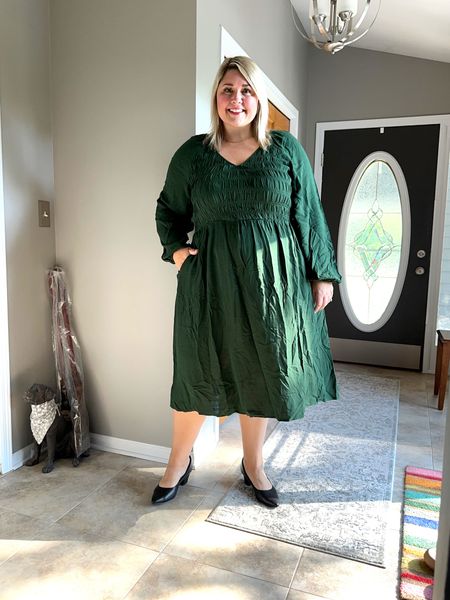 A great dress that fits into workwear or wedding guest dress territory!

This one only comes in plus and I am wearing the 2X. I love the smocking on the bust, which gives you a good fit. It also has pockets!

The shoes are so comfortable - short heel and lots of padding inside. I’m in my true size 11  

#LTKcurves #LTKworkwear #LTKunder50