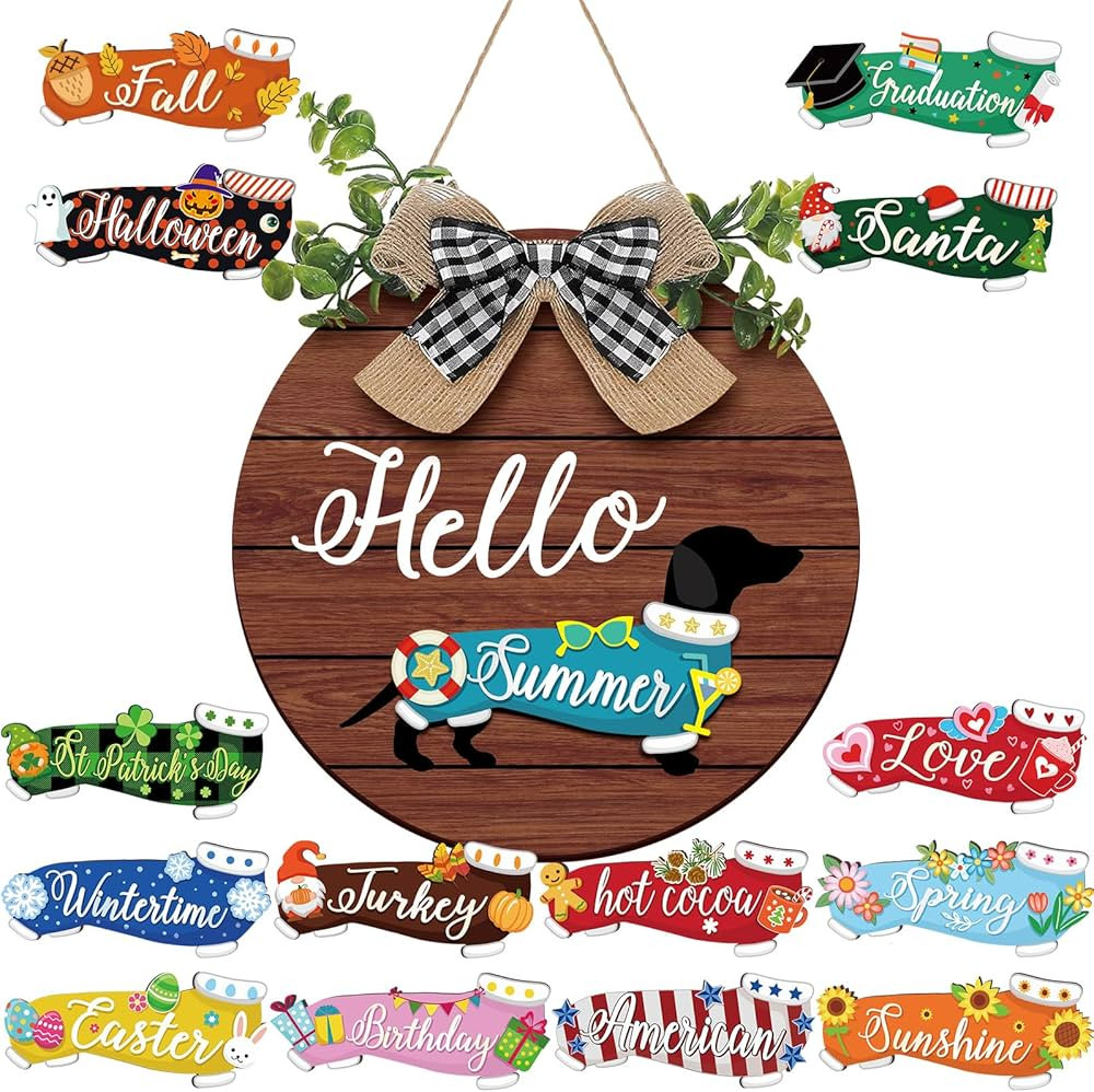 16 Pcs Interchangeable Dog Wooden Door Hanger Ornaments Rustic Dachshund Seasonal Home Sign Repla... | Amazon (US)