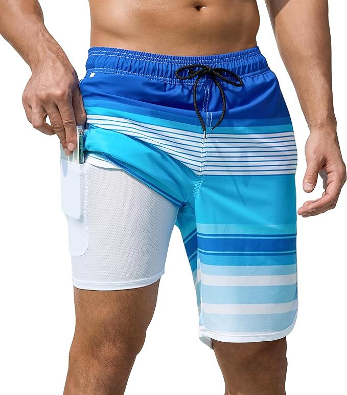 Mens Swim Trunks with Compression Liner 9 Inch Quick Dry Bathing Suit Board Shorts with Zipper Po... | Amazon (US)