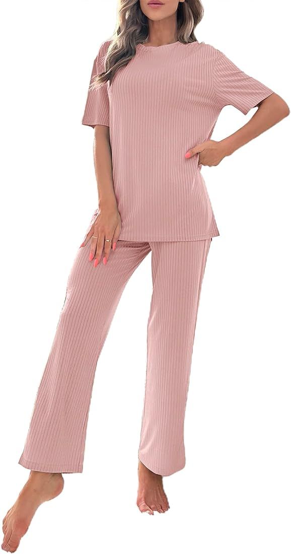 Hilinker Women's Ribbed 2 Piece Pajama Drop Shoulder Short Sleeve Top and Pants Lounge Set | Amazon (US)