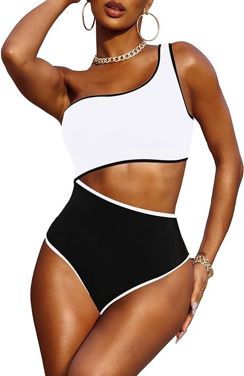 Viottiset Women's One Shoulder Cut Out Colorblock One Piece Swimsuit Bathing Suit | Amazon (US)