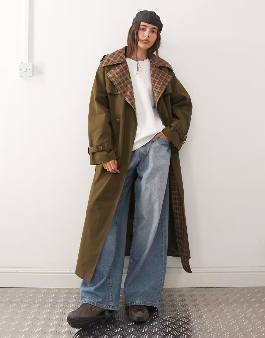 Reclaimed Vintage check lined trench coat with belt in khaki-Brown | ASOS (Global)