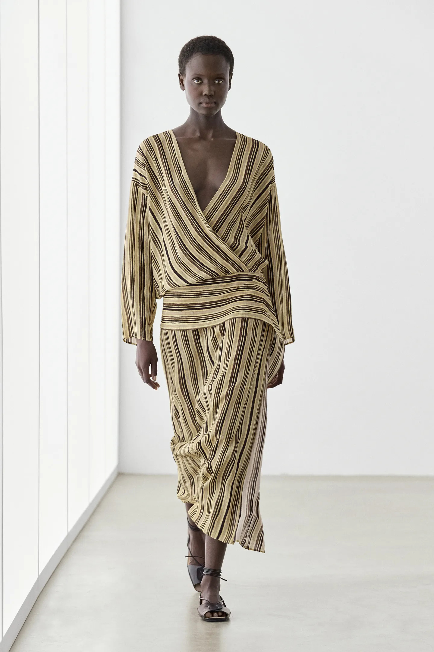 Striped midi dress with corset belt | Massimo Dutti UK
