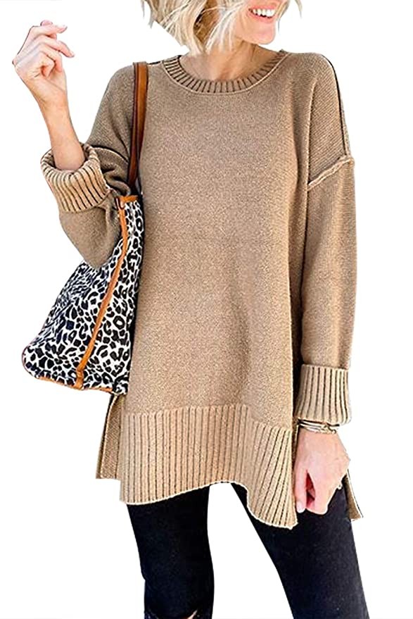 MEROKEETY Women's Casual Crew Neck Side Split Pullover Sweater Loose Long Sleeve Jumper Top | Amazon (US)