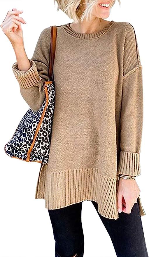 MEROKEETY Women's Casual Crew Neck Side Split Pullover Sweater Loose Long Sleeve Jumper Top | Amazon (US)