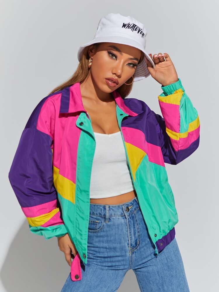 SHEIN EZwear Color Block Drop Shoulder Zipper Jacket | SHEIN