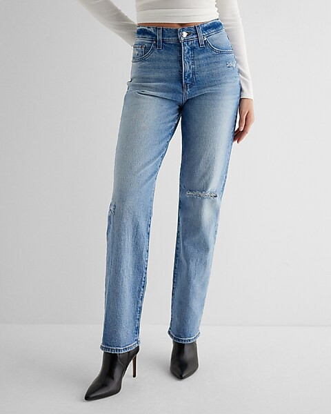 High Waisted Medium Wash Ripped Modern Straight Jeans | Express