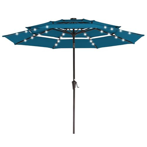 JEAREY 3 Tiers Patio Umbrella with Solar Lights 9ft Outdoor Market Table Umbrellas with Push Button Tilt for Outside Pool Garden, Lake Blue | Amazon (US)
