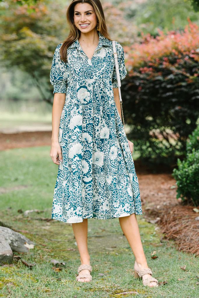 Take You There Peacock Green Abstract Midi Dress | The Mint Julep Boutique