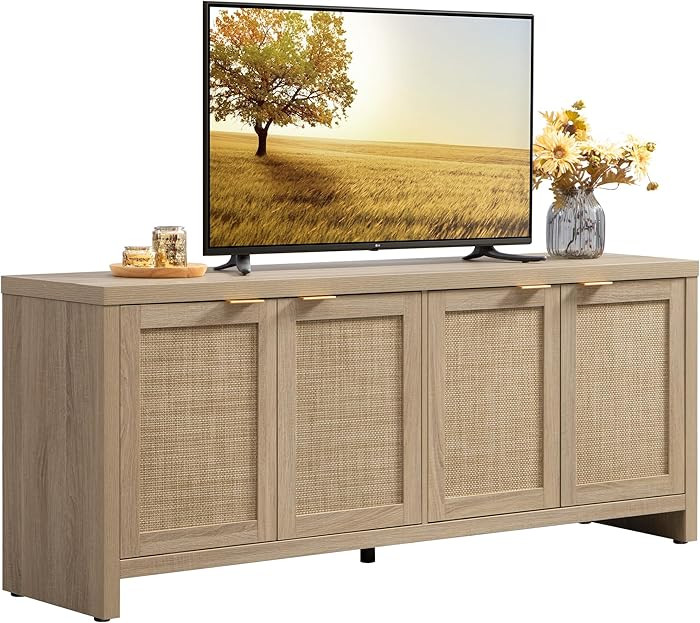 SICOTAS TV Stand for Living Room Boho Entertainment Center for Bedroom with 4 Rattan Cabinets Far... | Amazon (US)