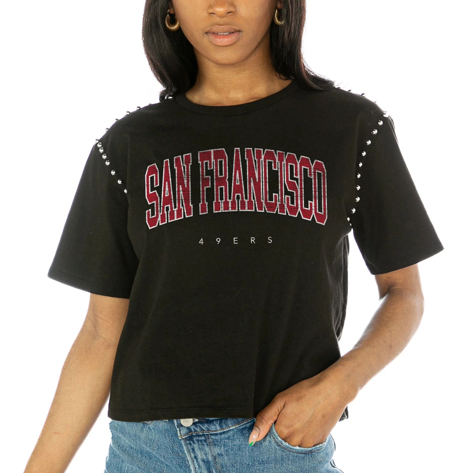 Women's Gameday Couture  Black San Francisco 49ers Elite Elegance Studded Sleeve Cropped T-Shirt ... | Walmart (US)