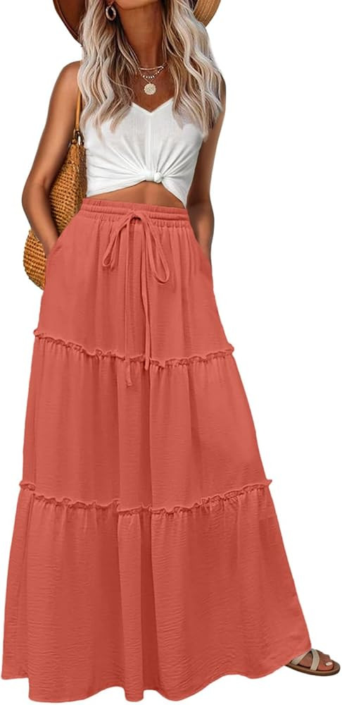 Lepunuo Womens Casual Boho High Waisted Flowy Maxi Skirts Tiered Floral Long Skirts with Pockets ... | Amazon (US)