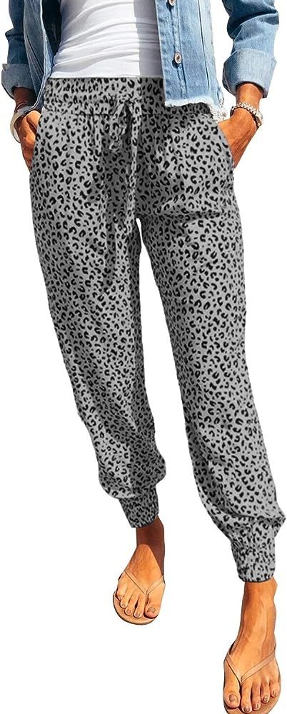 Amazon.com: onlypuff White Leopard Print Pants Women Casual Drawstring Elastic Waist Lounge Pant ... | Amazon (US)