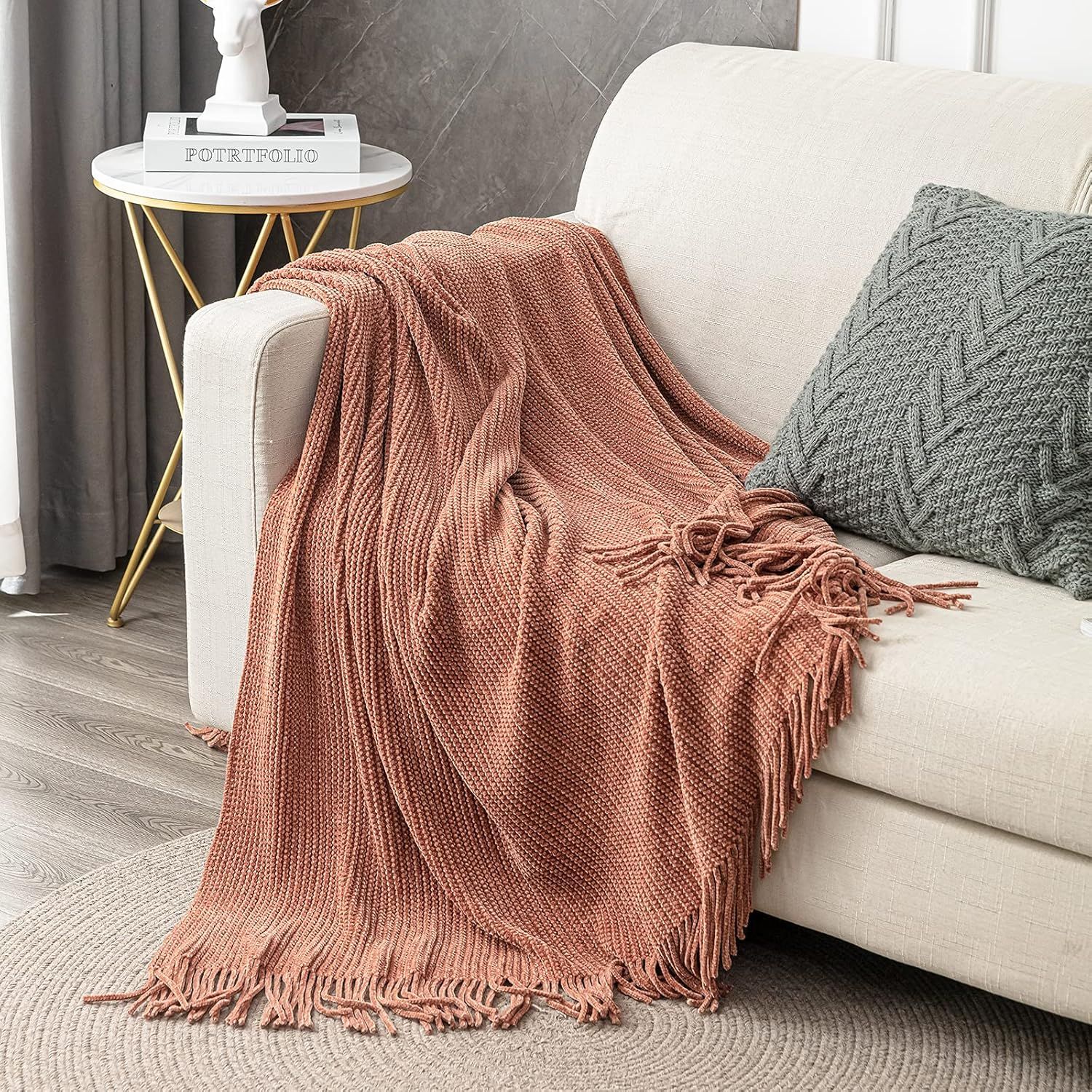 LIFEIN Fall Throw Blanket for Couch - Soft Rust Boho Throw Blanket, Cozy Chenille Knit Small Ligh... | Amazon (US)