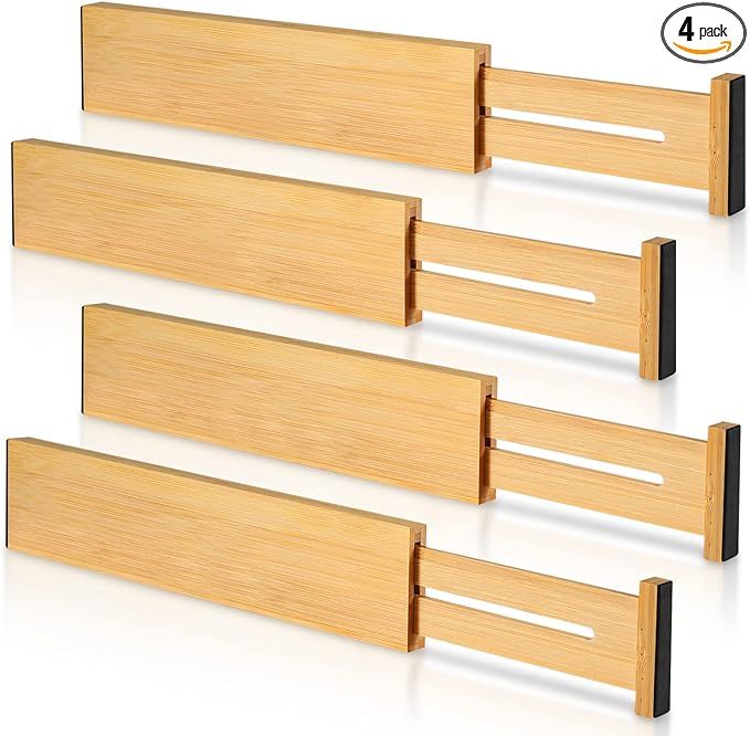 4 Pack Bamboo Drawer Dividers, Adjustable Length from 11 Inch to 17 Inch, Expandable Kitchen Draw... | Amazon (US)