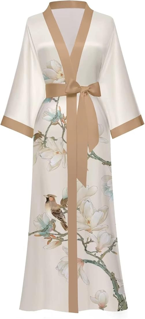 Women's Long Kimono Robe Floral Silk Robe Satin Silky Bathrobe Sleepwear Bridesmaid Wedding Robes | Amazon (US)