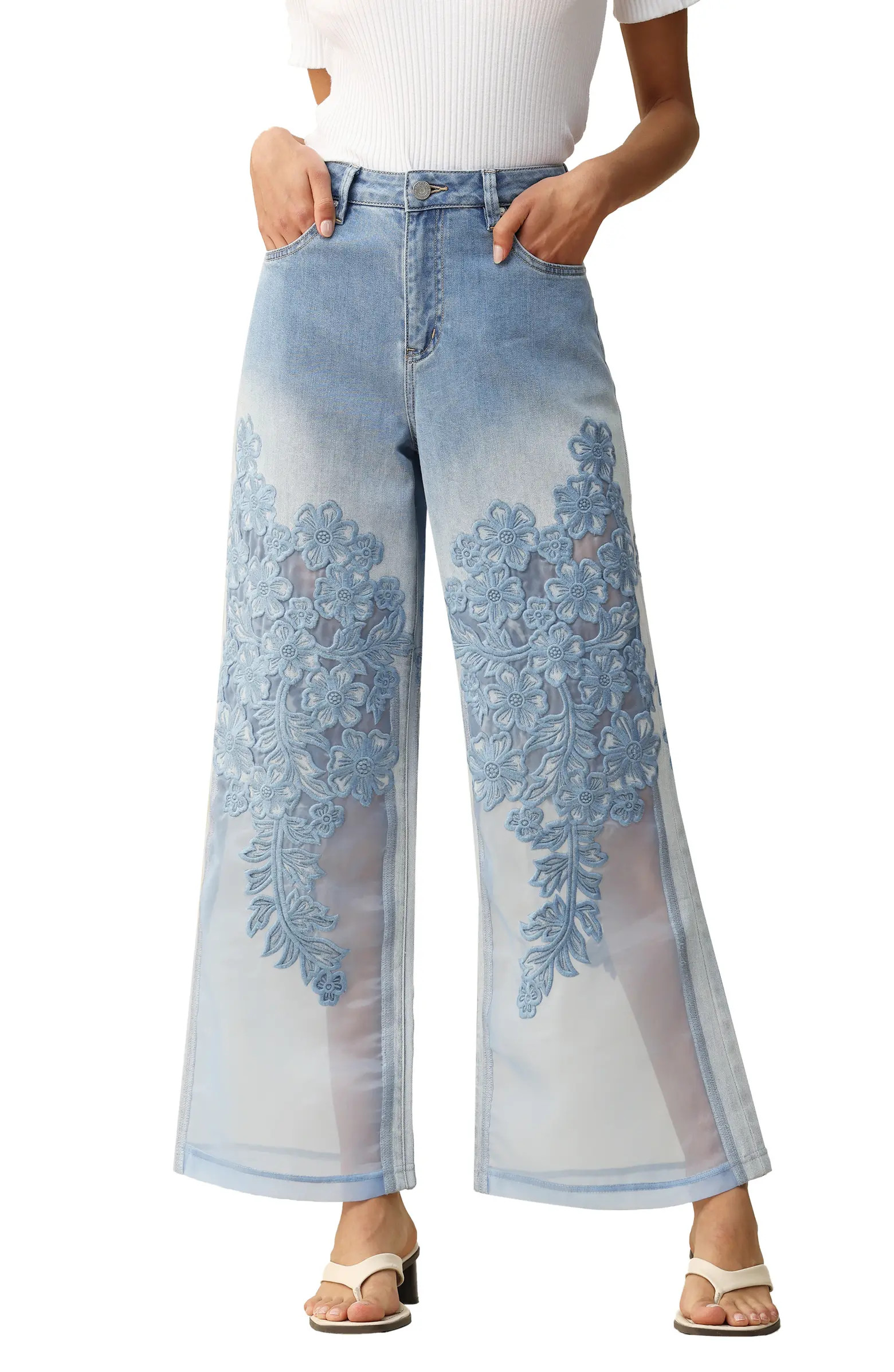 Embroidered High Waist Wide Leg Jeans | Nordstrom