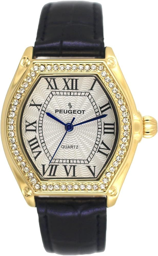 Peugeot Women's 14K Gold Plated Watch - Barrel Shaped Crystal Studded Bezel and Leather Wrist Strap | Amazon (US)