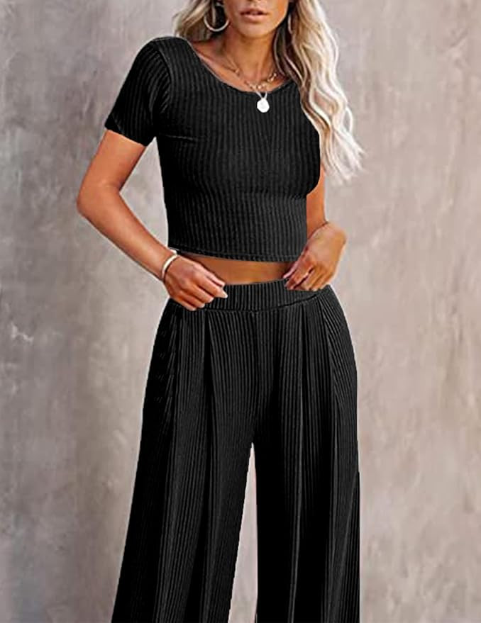 Ekouaer Women's 2 Piece Lounge Sets Ribbed Knit Crop Top Wide Leg Pants with Pockets S-XXL | Amazon (US)