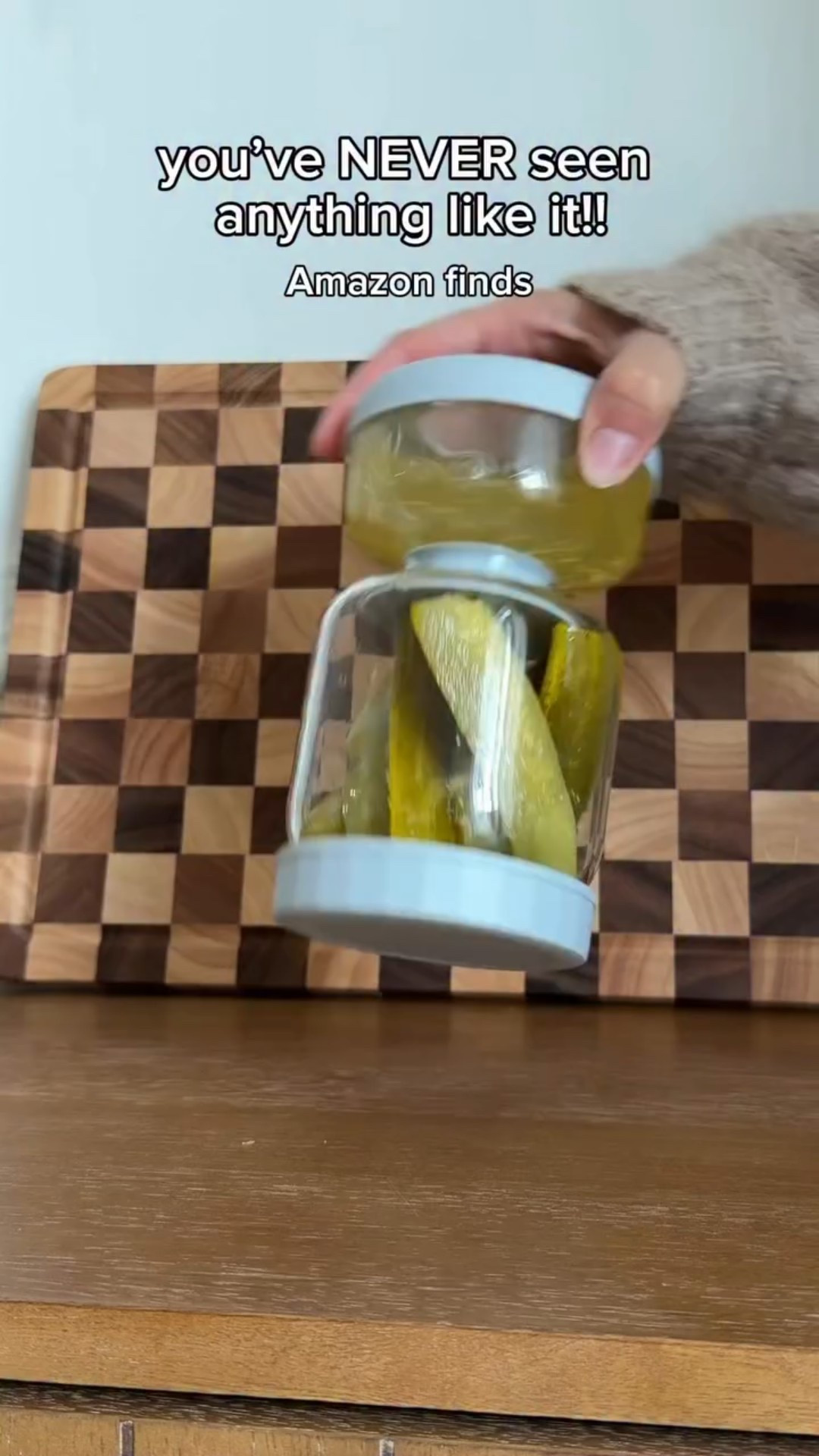 Follow + Comment “JAR” to snag the coolest jar you’ll buy this year!!! 🥒 😍 The best way to keep your pickles FRESH without having to dig your fingers in the jar!!👏 Easy, compact, and a perfect solution for the fridge! 🥰 #amazonkitchen #fridgeorganization