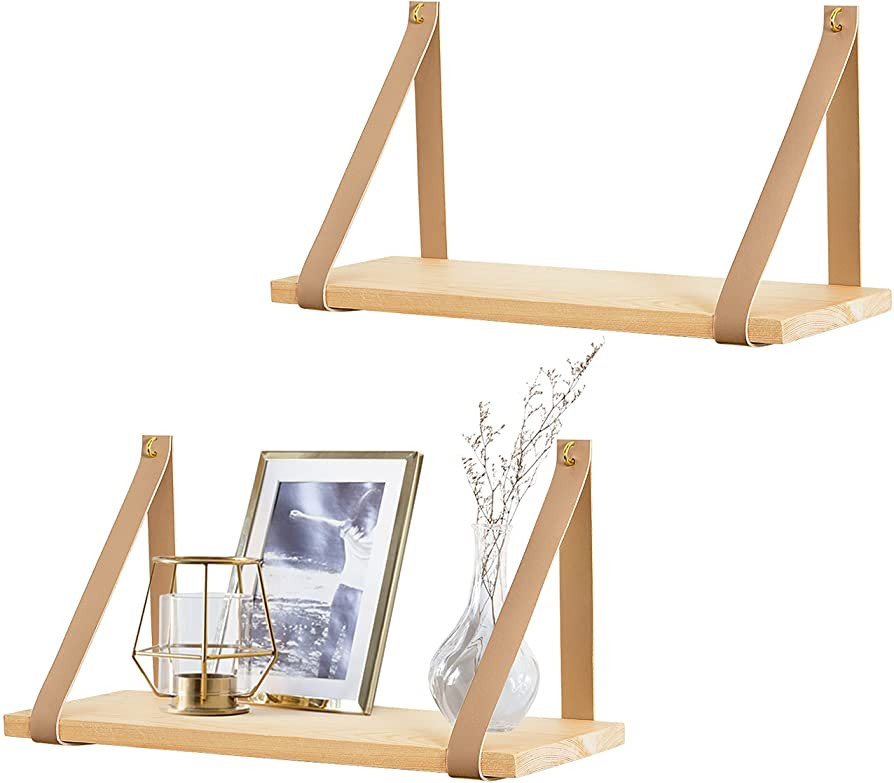 Mkono Hanging Shelf Wall Wood Floating Storage Shelves Leather Strap Swing Organizer for Nursery ... | Amazon (US)