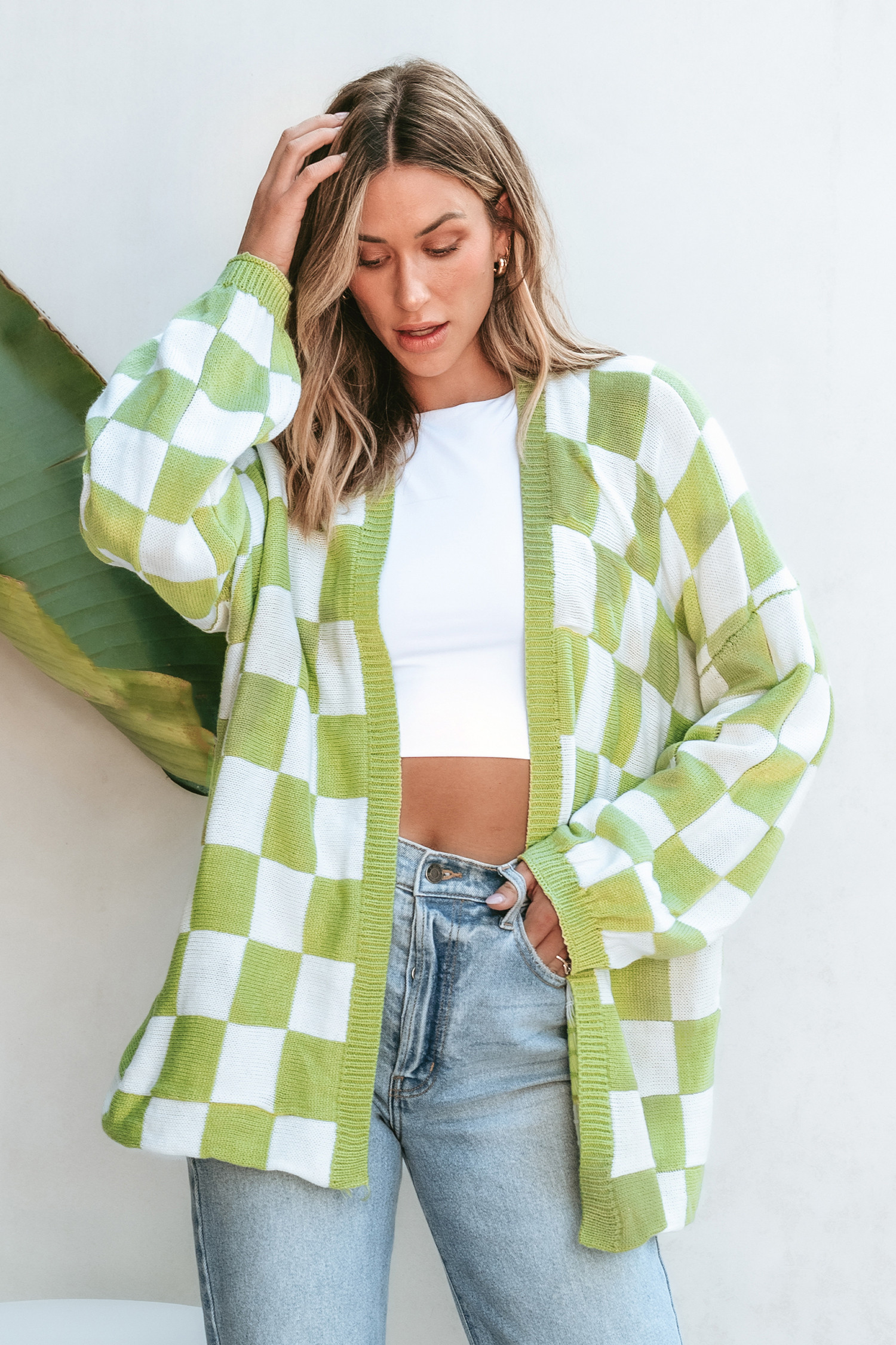 Green & White Checkered Open Front Cardigan | Cupshe US