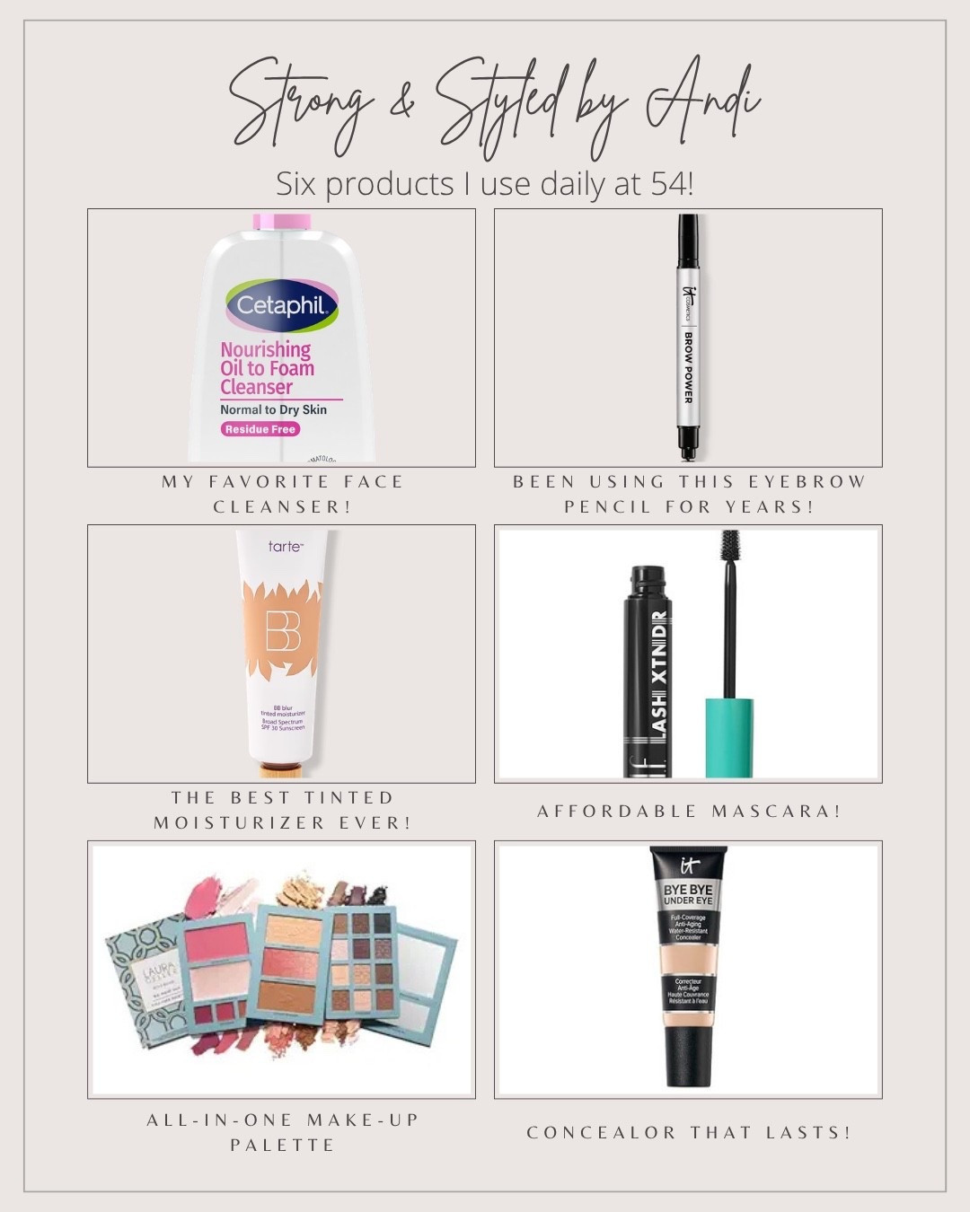 6 beauty products I use every day at 54 ✨ Cleanser, brow pencil, tinted moisturizer, concealer, mascara + an all-in-one makeup palette. Simple, easy and perfect for my everyday routine. 🤍

#BeautyOver50 #EverydayBeauty #MatureBeauty

#LTKBeauty #LTKdayinmylife #LTKgrwm #LTKBeauty