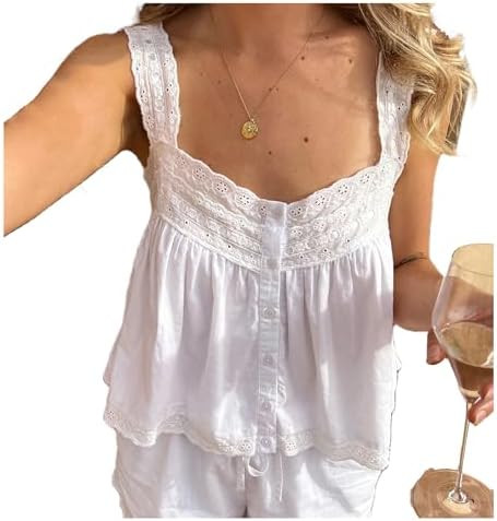 Women Y2K Lace Trim Tank Top Sleeveless Solid Color Tie Up Button Front Crop Top Summer Streetwea... | Amazon (US)