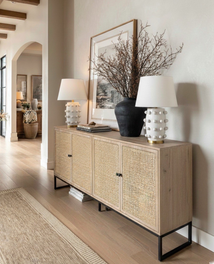 Warm neutral tones and natural textures make this foyer feel so inviting 🤍 The light oak console table with cane doors adds organic texture and storage, while the black metal base brings a modern touch. I styled it with two white ceramic table lamps with brass accents for symmetry and soft lighting, plus a large black terracotta vase filled with dried branches for height and contrast. Layered artwork and coffee table books finish the look, creating a cozy yet elevated entryway design that flows seamlessly into the living space. 

#LTKHome #LTKSaleAlert #LTKFindsUnder100