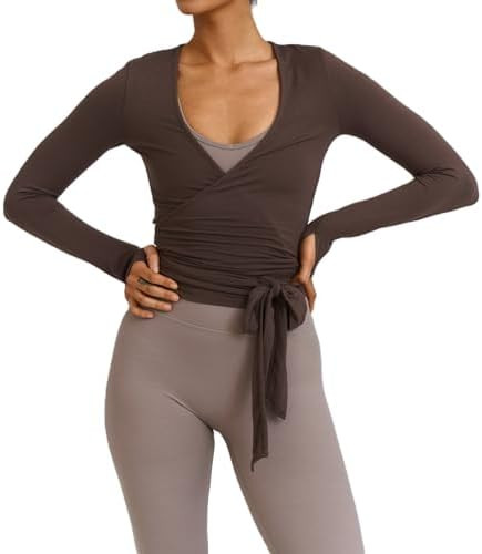 Yoga Ballet Wrap Top for Women Bow Tie Front Long Sleeve Wrap V Neck Workout Shirt Top Slim Fit P... | Amazon (CA)