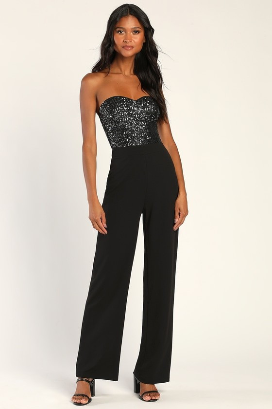 Total Hottie Black Sequin Strapless Jumpsuit | Lulus