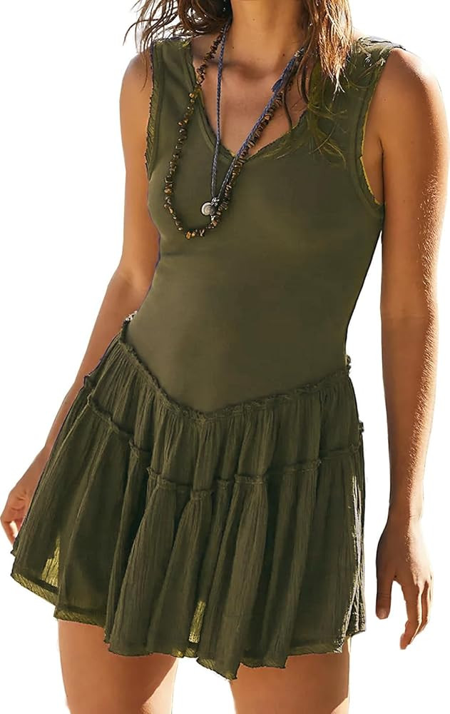 Womens Summer Sleeveless Sun Dresses Drop Waist Casual Mini Sundress | Amazon (US)