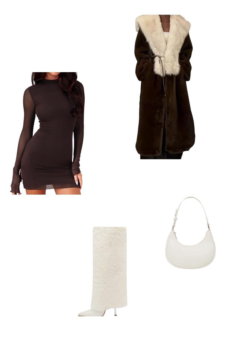 A stunning neutral-tone winter outfit featuring a sheer-sleeve brown mini dress paired with a brown fur coat with cream trim, white faux-fur knee-high boots, and a clean white shoulder bag. A warm yet sophisticated winter look perfect for brunch, date nights, or cold-weather events.
Keywords: neutral winter outfit, brown dress outfit ideas, fur coat fashion, white boots outfit, luxe winter style, cozy chic aesthetic, winter fashion inspo, neutral color palette outfits.


#LTKgrwm #LTKStyleTip #LTKHoliday