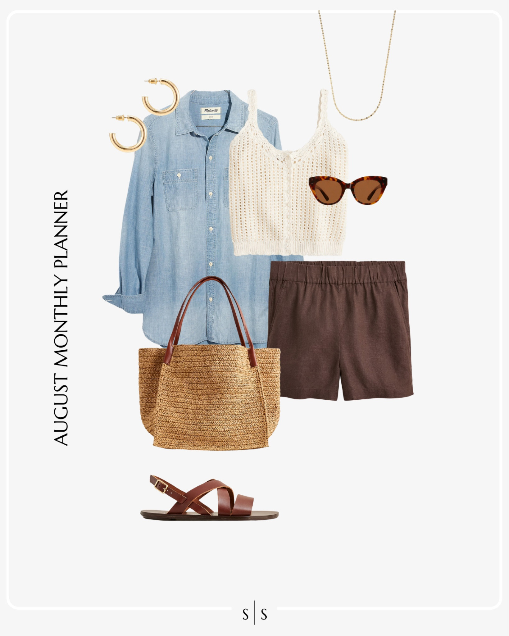 Monthly outfit planner AUGUST: Summer to Fall transitional looks | chambray button up, knit crochet tank, linen shorts, straw tote, brown sandals

See the entire calendar on thesarahstories.com ✨ 


#LTKStyleTip