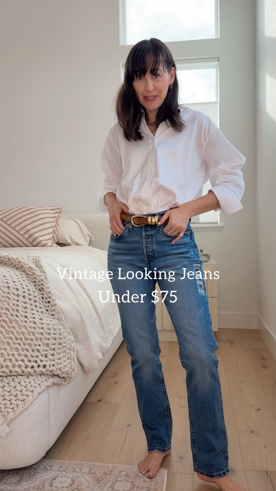 The most stylish women I see are wearing what look like vintage Levi’s. Sometimes vintage jeans cost more than the premium brands so I decided to find some good ones that were under $75. Save this post to shop online and use the measurements I took along with my fit tips to find the best pair.

Denim Directory-

“Rise” the measurement from the center crotch seam to the top of the waistband. Most of us look best with a style that sits at or one or two finger widths below our belly button.

“Opening”- this is the measurement along the hem of each leg and determines which style of shoe will look the best.  Styles between 15 and 20” are the most versatile. 

“Inseam” - the measurement from the center crotch seam to the opening. All of these styles are easy to hem with scissors. There’s a tutorial in my jean shop on closetchoreography.com 

