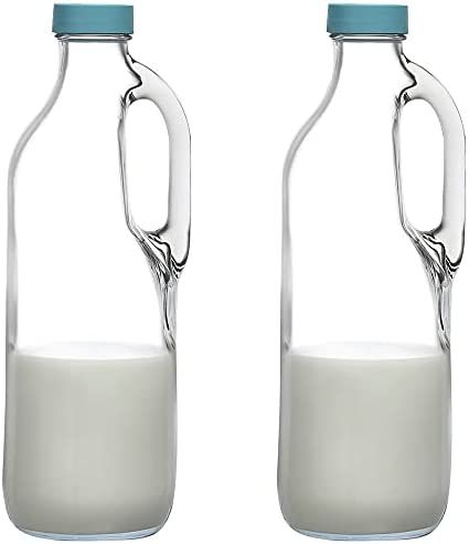 2 Pc 47oz Clear Glass Milk Bottles Glass Pitcher with Handle and Lids - Airtight milk Container f... | Amazon (US)