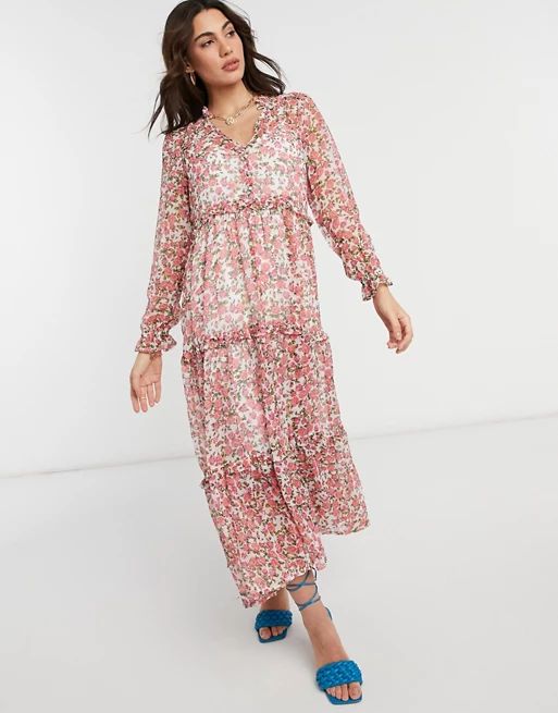 Neon Rose oversized maxi smock dress with tiered skirt in ditsy floral | ASOS (Global)