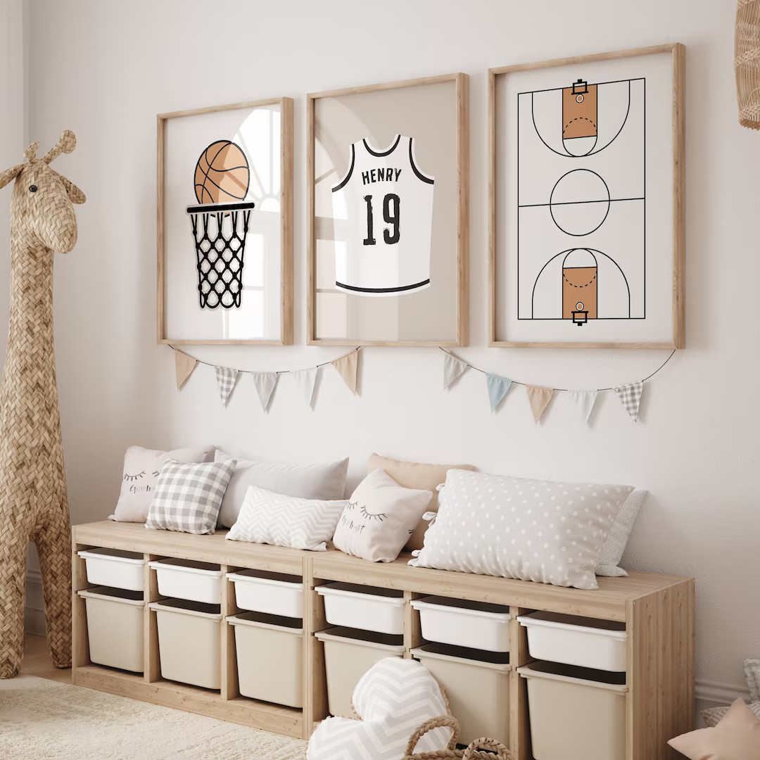 Basketball Set of 3 Prints, Basketball Nursery Decor, Jersey Custom Name, Basketball Wall Art, Bo... | Etsy (US)
