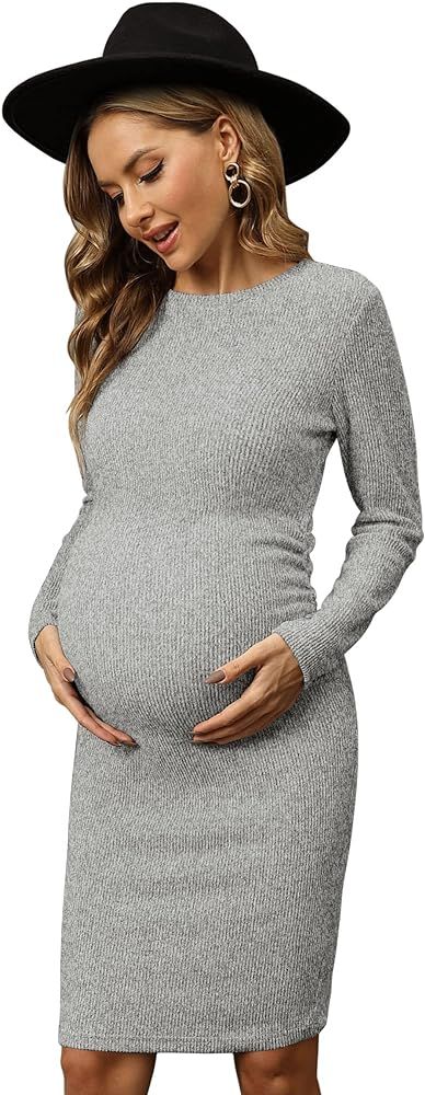 Vahina Knit Ribbed Maternity Dress Side Ruched/Long Sleeve Maternity Bodycon Dress Casual Baby Sh... | Amazon (US)