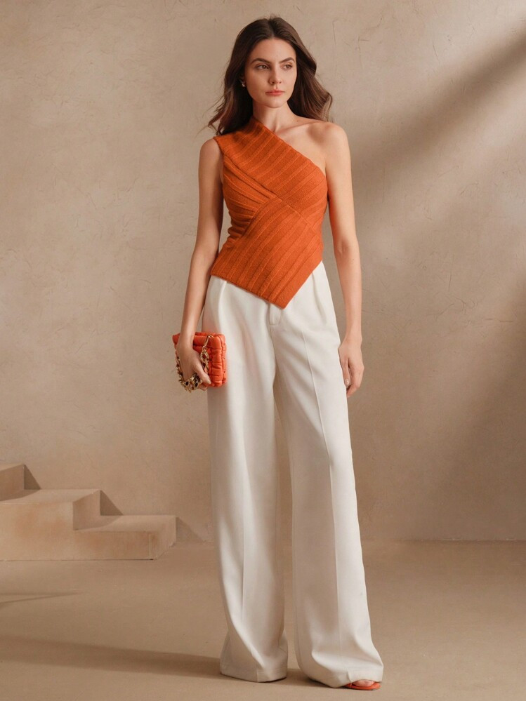 Anewsta Fashionable Elegant Asymmetric One Shoulder Ribbed Hollow Out Waist Fitted Women Knit Top... | SHEIN
