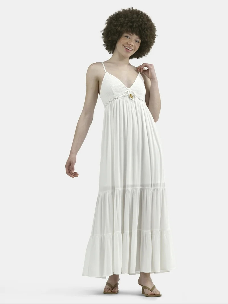 No Boundaries Tiered Maxi Dress with Crochet Lace Trim, Women's | Walmart (US)