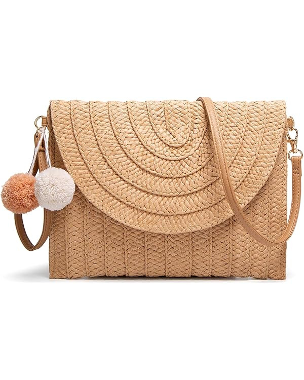Straw Shoulder Bag Straw Clutch Women Hand-woven PomPom Straw Crossbody Bag Summer Beach Envelope... | Amazon (US)