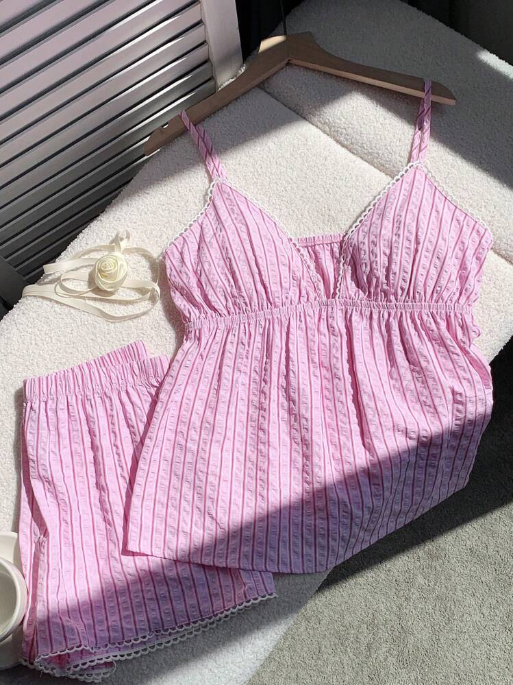 Comfortcana Women's Pink Striped V-Neck Ruffle Camisole And Shorts 2pcs/Set For Summer | SHEIN