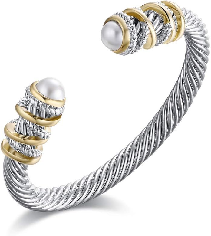 Eastbon Twisted Cable Bracelet with Composite Shell Pearl Antique Cuff Bracelets for Women | Amazon (US)