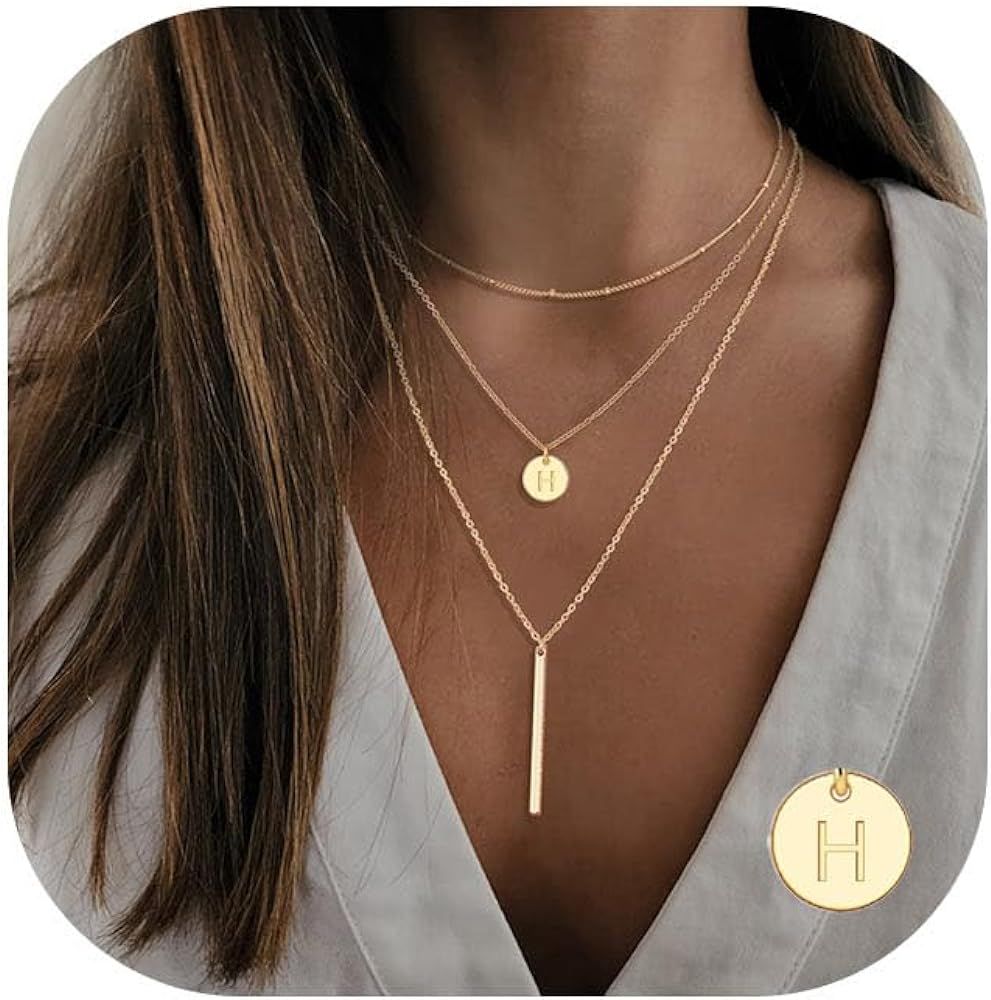 Gold Initial Layered Necklaces for Women, 14K Gold Plated Coin Letter Necklace Skinny Bar Stackin... | Amazon (US)