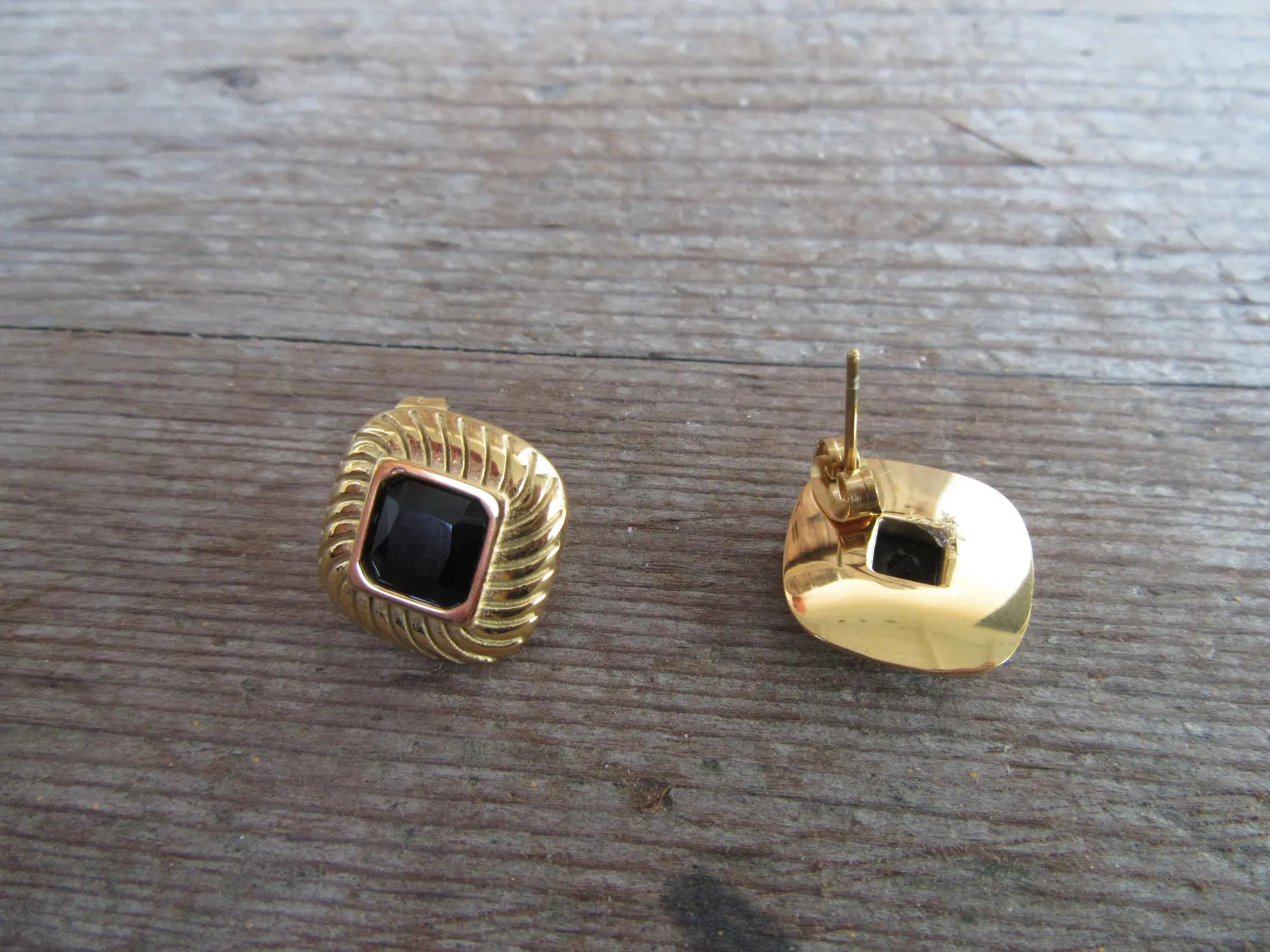 90s Gold Tone Earrings | Bejeweled Square Black Rhinestone Center Earrings | Chunky Swirl Motif M... | Etsy (US)