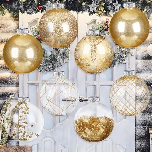 Wettarn Set of 8 Transparent Large Christmas Ball Ornaments 6 Inch Glitter Hanging Plastic Balls Christmas Tree Decorations for Lawn Yard Party with Exquisite Filling Decoration (Charming Gold) | Amazon (US)