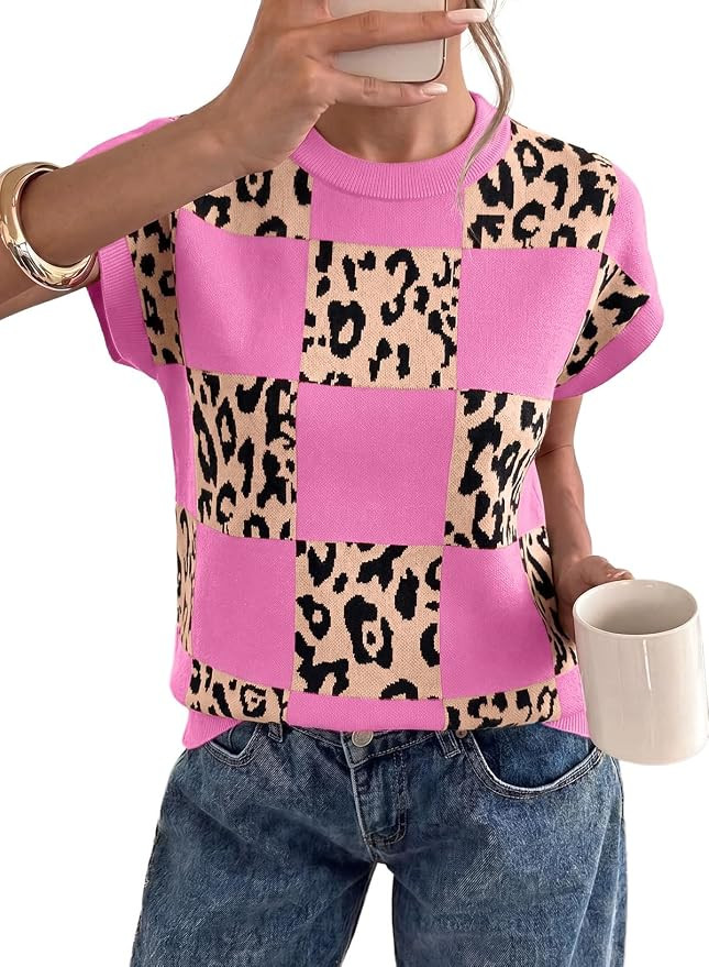 EVALESS Sweater Vest Women Short Sleeve Leopard Print Tops Fall Clothes | Womens Sweaters, Crewne... | Amazon (US)