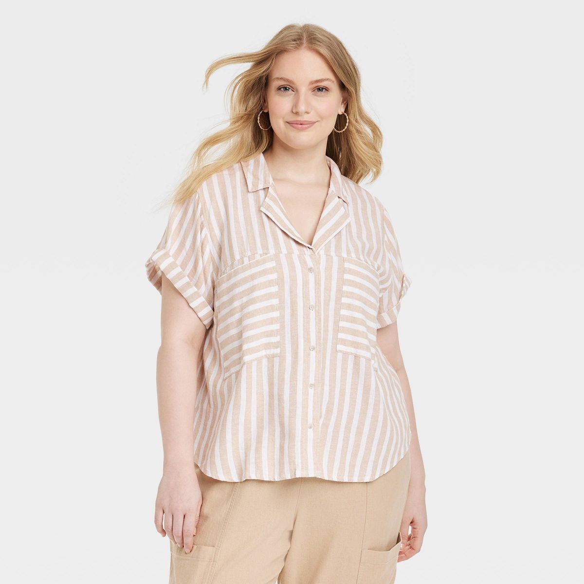 Women's Short Sleeve Collared Button-Down Shirt - Universal Thread™ Tan Striped XXL | Target