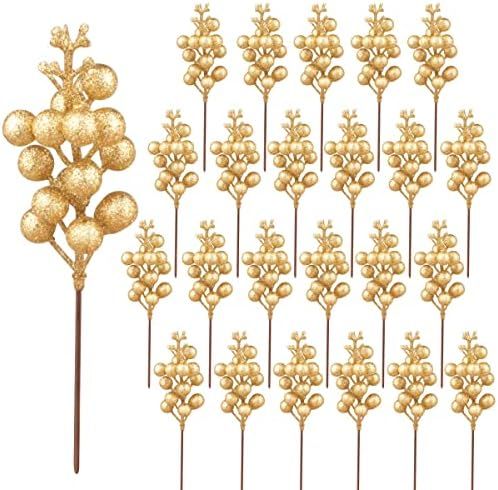 24 Pack Glitter Gold Berry Stems,7.5 Inch Christmas Sparking Gold Faux Winter Berry Sprigs,Artifi... | Amazon (US)